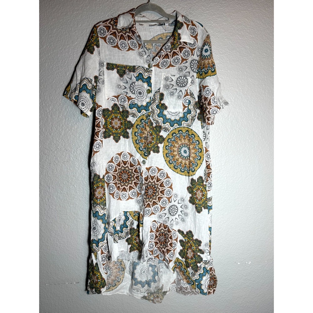 Cristina Vergani Shirt Dress Womens Medium Multicolor‎ Medallion Print Side Slit - Picture 2 of 16